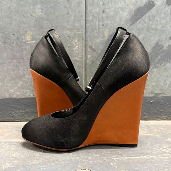 CELINE Archival Black Satin Wooden Wedge Heel Ankle Strap Shoes PHOEBE PHILO ERA - Picture 6 of 12